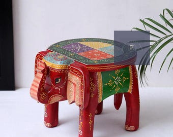 Handcrafted Wooden Multicolor Elephant Stool – Unique Home Decor