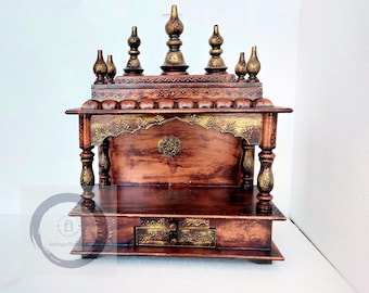 Wooden Temple Handcrafted Hindu Hanging Mandir Puja / Diwali Pooja Ghar Mandap For Worship Household Shrine - ANTIQUE COPPER