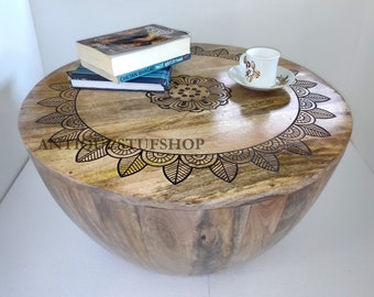 Mango Wood Coffee Table Carving Wood Cocktail Table Handmade Round Coffee Table Home Decor Indian Handcrafted Drink Table Limited Production