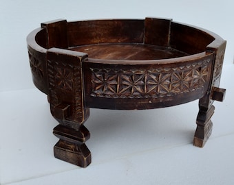 Indian Handicrafts, Indian Carved Chakki table, recycled Furniture, Coffee Table, Vintage Indian Grinder Table