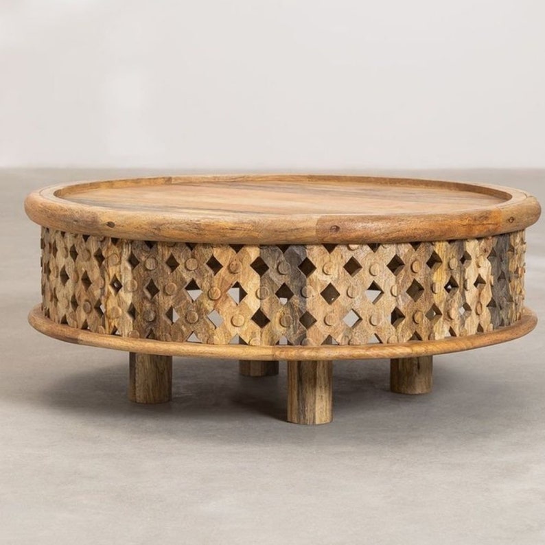 Wood Coffee Table Curved Table in Raw Mango Lattice Round Etsy