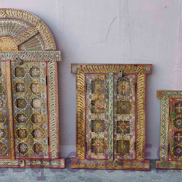 Jharokha Frame Picture Wood Hand Carving Painted Carved India Color Rare Embossed Indian Vintage Style Wooden Handcrafted  Home Decor