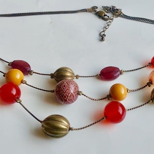 90s Boho M&S Necklace 52cm - Late 1990s Early y2k Gold Orange and Red Seperated Bead Multi Strand Necklace - 90s Marks and Spencer Jewellery