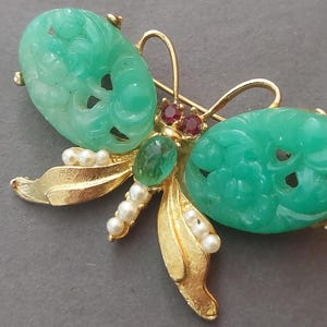 Vintage Peking Glass Butterfly Brooch: Jade Green & Faux Pearl, 1960s