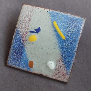 1960s Enamel Brooch: Mid Century Modernist Blue Yellow Brown Copper Jewelry