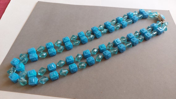 Original 1960s Necklace - Bright Blue Plastic Cub… - image 8