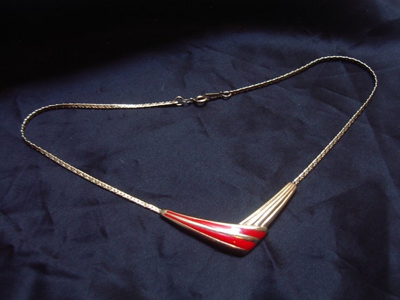 1980s Enamel Necklace - Red Enamel Necklace - Vint