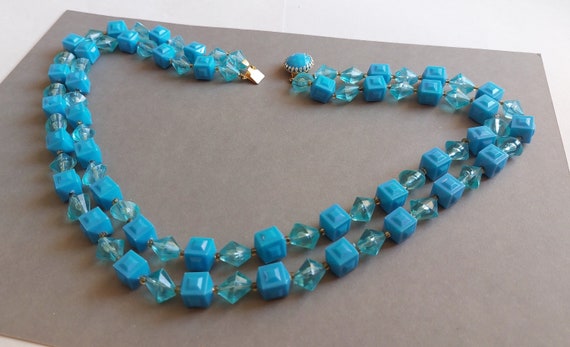 Original 1960s Necklace - Bright Blue Plastic Cub… - image 2