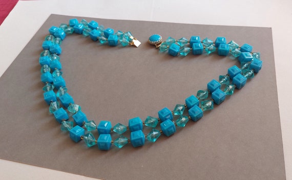 Original 1960s Necklace - Bright Blue Plastic Cub… - image 1