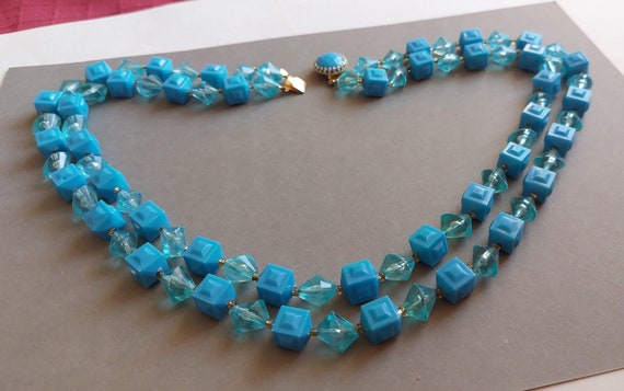 Original 1960s Necklace - Bright Blue Plastic Cub… - image 3