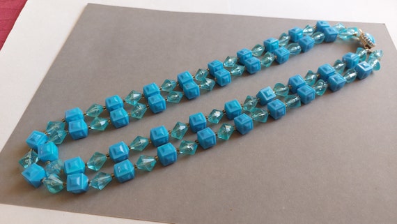 Original 1960s Necklace - Bright Blue Plastic Cub… - image 6