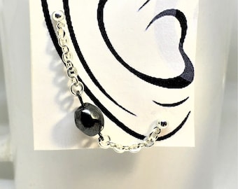 Two-hole chain earrings with a black bead, Double piercing post earrings with a silver chain, Available with stud and ear cuff (BOD1148)