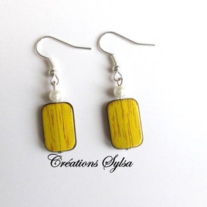 Hook Earrings made of yellow wood finish beads and white pearls, Available with studs or leverback (BO216)
