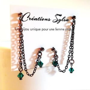 Boucles d'oreilles émeraudes deux trous, Boucles d'oreilles tiges cristal vert, Boucles oreilles doubles cristal d'Autriche vert (BOD884)