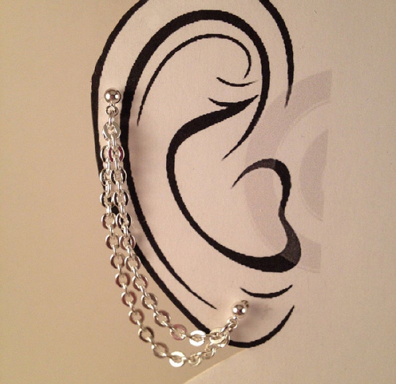 Double earring studs, Double chain earring, double piercing ears, Two hole earring, Double lobe earrings, Unisex gift idea BOD1103 image 4