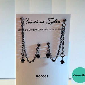 Boucles d'oreilles doubles chaînes et cristal noire pour deux piercing, Clou et manchette d'oreilles disponible pour un piercing,  (BOD881)