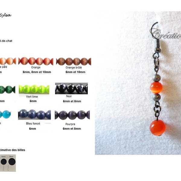 Boucles oreillles longues couleur orange, Boucles d'oreilles chandelles oeil de chat orange, Boucles oreilles crochets couleurs variées(BO5)