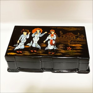 Vintage Black Lacquer Jewelry Box Mother of Pearl Inlay
