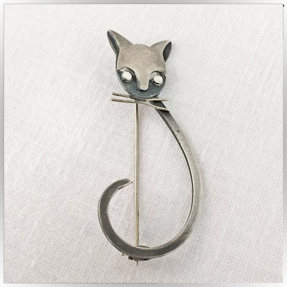 Sterling Silver Vintage DelFino Cat Brooch Pin - image 1