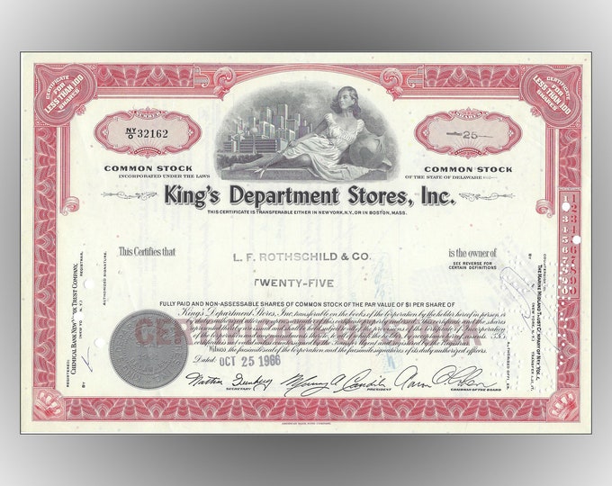 Kings Department Stores 1966 Stock Certificate Etsy