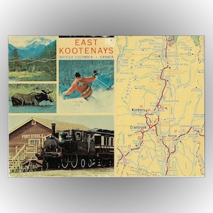 May include: Vintage postcard featuring scenes from East Kootenays, British Columbia, Canada. Includes a skier, a moose in water, a train at Fort Steele, and a detailed map. The postcard has a retro aesthetic with a mix of images.
