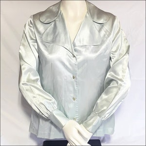 Vintage 1970s Powder Blue Satin Blouse with Pearl Buttons