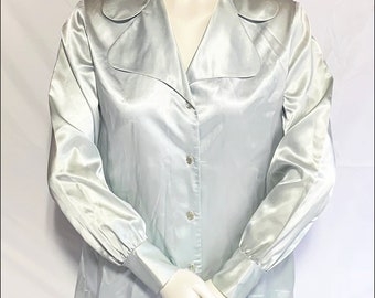 Vintage 1970s Powder Blue Satin Blouse with Pearl Buttons