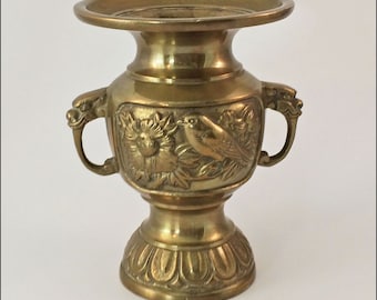 Vintage Solid Brass Vase Songbird Flora Dragon Head Handles