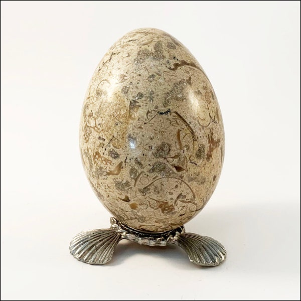 Large Fossil Stone Egg with Pewter Base