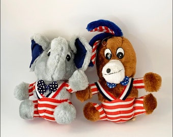 Political Party Vintage Plush Republican Elephant and Democratic Donkey