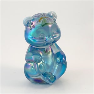 Vintage Fenton Glass Bear Iridescent Blue Satin with Fenton box