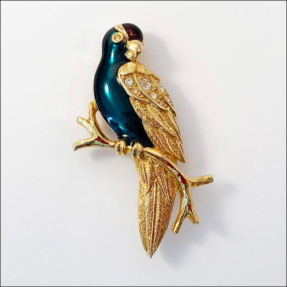 Vintage Large Enamel Rhinestone Parrot Brooch Pin - image 1