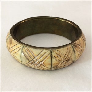 Vintage Brass with Carved Bone Bangle Bracelet