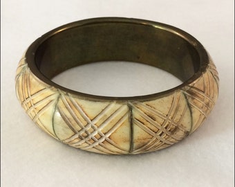 Vintage Brass with Carved Bone Bangle Bracelet