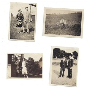 May include: Four black and white photographs of couples and a man playing an accordion. The photos are arranged in a grid pattern.