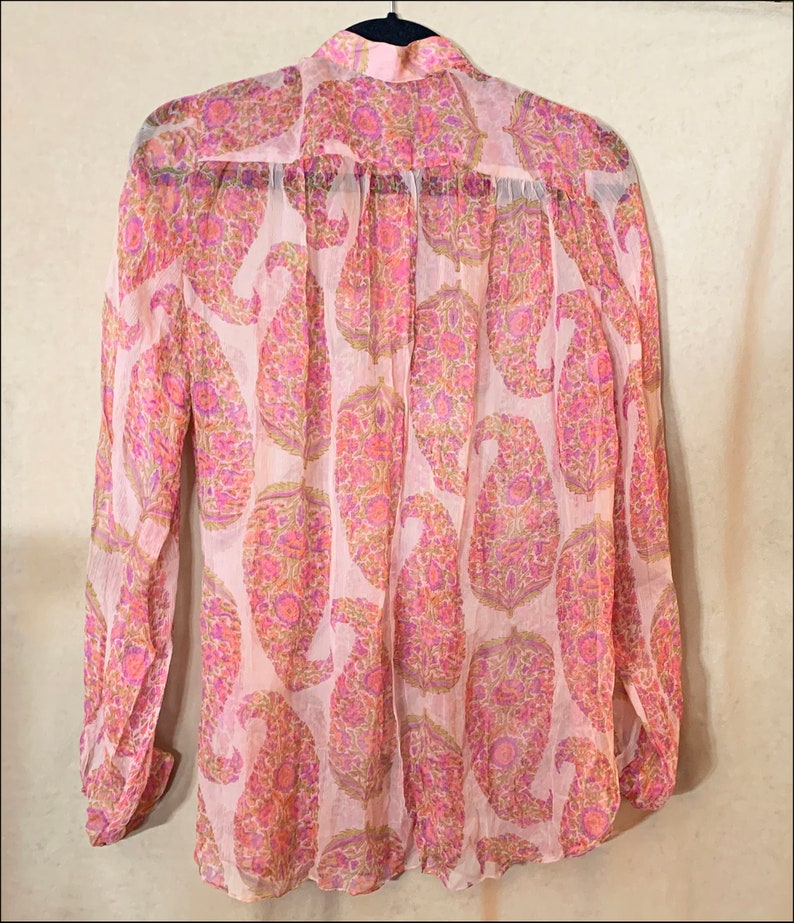 May include: A long-sleeved, pink, sheer blouse with a paisley print. The blouse has a button-up front and a gathered neckline.