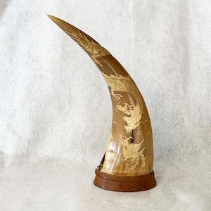 Vintage Hand Carved Water Buffalo Horn Sculpture Dragon and Rooster