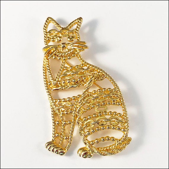 Vintage Signed Brooch Pin Modernist Style Cat 3”