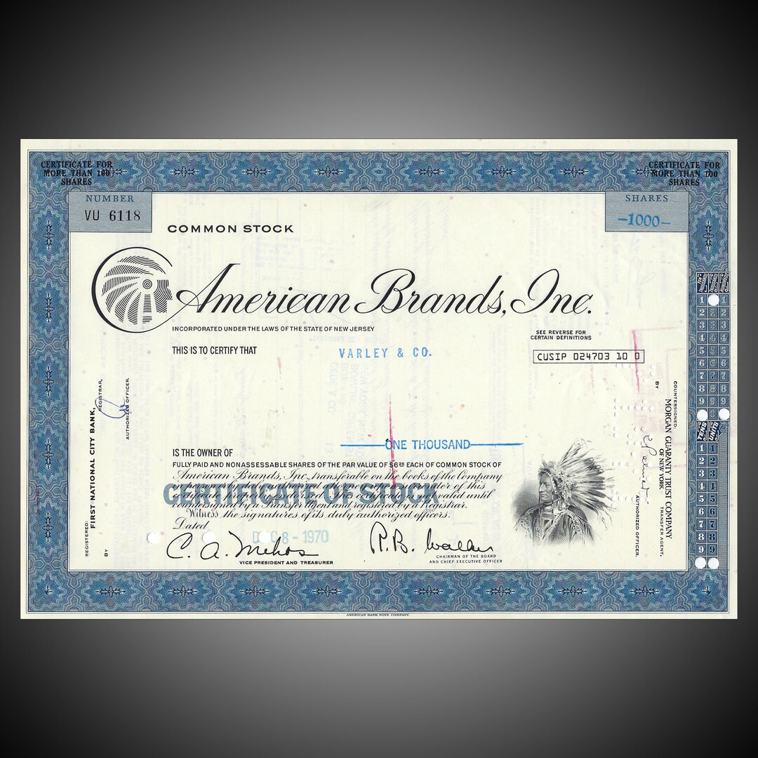 Vintage American Brands 1970 Tobacco Stock Certificate Etsy