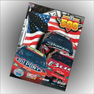 May include: A colorful poster for the Food City 500 race. The poster features three race cars, an American flag, and the race's logo. The cars are red, yellow, and blue, and the logo is yellow and red. The text on the poster reads "Food City 500", "Sharpie", "Du Pont", "Bud", "King of Beers", "Monte Carlo", "Cheez-It", "NASCAR", "Bristol Motor Speedway", and "Tacin' the way it ought'h be".