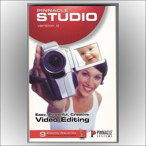 May include: Pinnacle Studio version 9 DVD case. The cover features a woman holding a camcorder with a baby's image on the screen. The text reads "Easy, Powerful, Creative Video Editing".