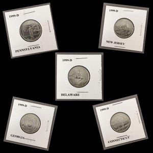 May include: Five silver 1999-D state quarters in protective plastic cases. The coins feature the state of Pennsylvania, Georgia, Delaware, New Jersey, and Connecticut.