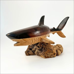 Hand Carved Shark on Driftwood Base Vintage Wood Art