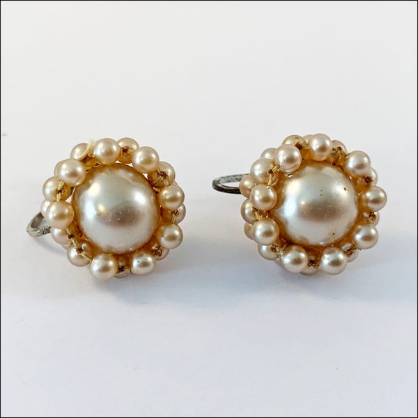 Vintage Japan Screwback Earrings Simulated Pearl Cluster