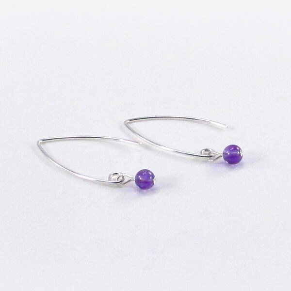 Amethyst Gemstone & Sterling Silver Earrings with Curved Ear Wires, 1.25" Long