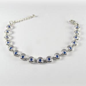 Sapphire Blue Jade in Silver Plated Rings with Czech Glass Seed Beads, 7.25&quot;-8.25&quot; adjustable