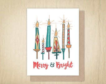 Merry & Bright Holiday Cards, Holiday Greeting Card, Illustrated Cards, Hand Drawn Christmas Card, Christmas Cards, Candle Illustration