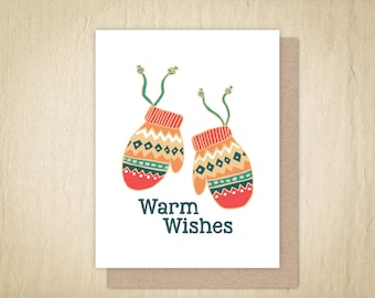 Warm Wishes Holiday Cards, Holiday Greeting Card, Illustrated Cards, Hand Drawn Christmas Card, Christmas Cards, Warm Mittens