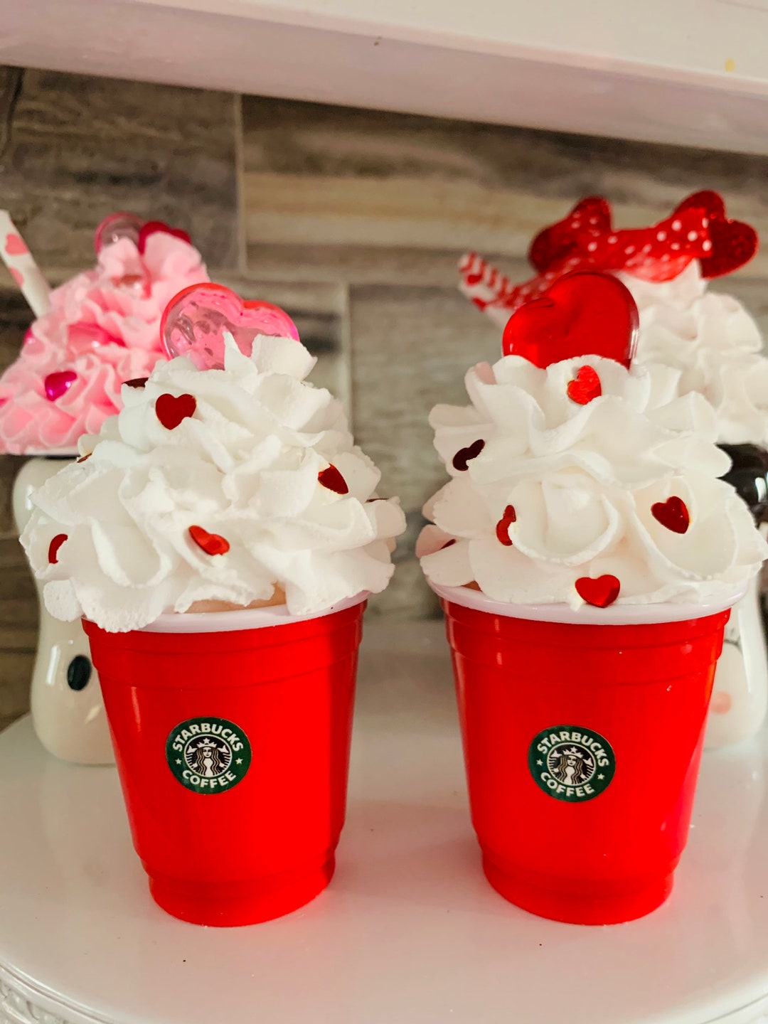 Set of 2 Starbucks Tiny Cups Tiered Tray Decor Whipped Cream Valentine