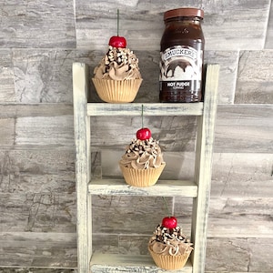 Set of 3 Faux Chocolate Cupcakes | Chocolate Drizzle | Faux Whip Cream | Tiered Tray Decor | Fake Desserts